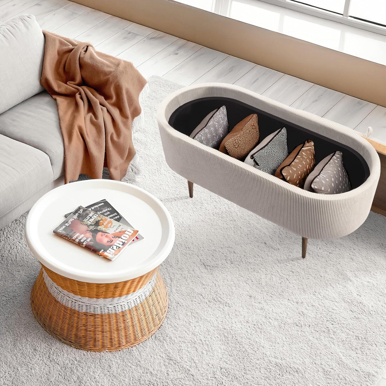 La Bella Coffee Table Storage Ottoman - ESME Cream - Flip-Top Tray Bench with Corduroy Upholstery & Hidden Storage - Padded Blanket Box, Footrest or Seat with Wooden-Look Legs