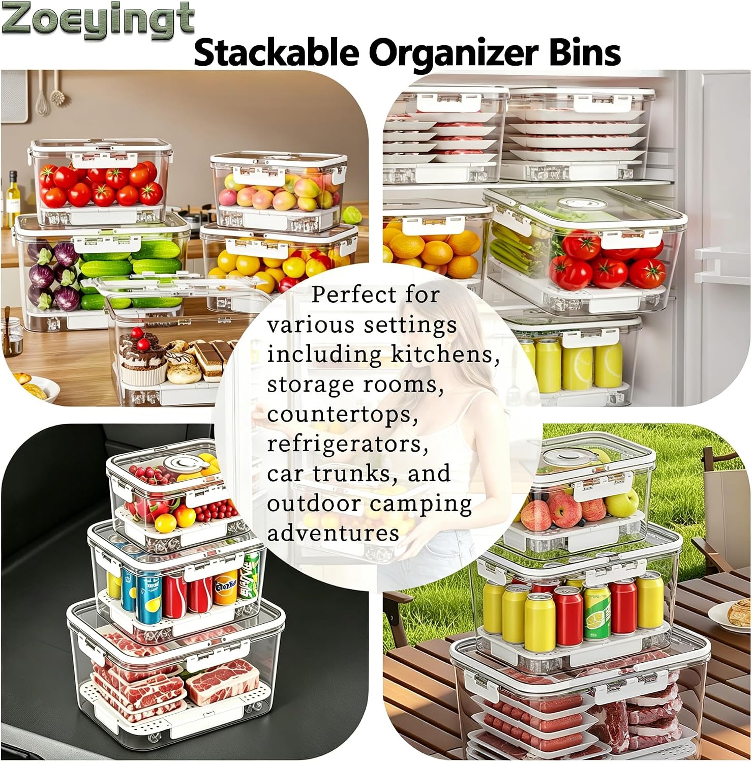 BPA-Free Stackable Clear Kitchen Organizer Bins - 3 Pack with Lids & Handles for Fridge, Pantry, and Cabinets - Ideal for Clutter-Free RV Camping Storage