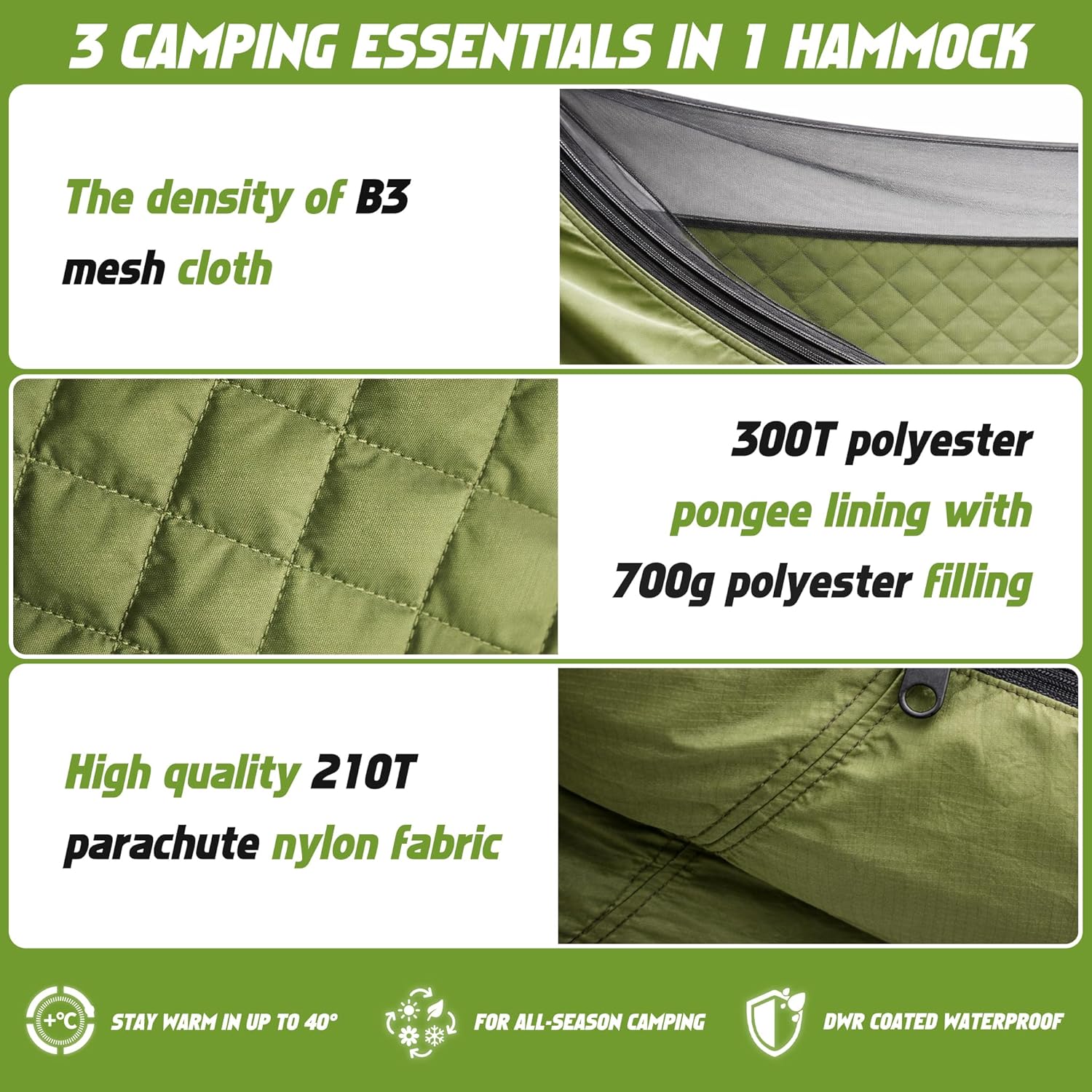 Camping Hammock with Mosquito Net with Built-in Underquilt - Built-in Quilt for Lightweight Soft Warm 4 Seasons, Great for Hiking Backpacking Camping Travel(Hold Up to 500lbs) - Olive Green