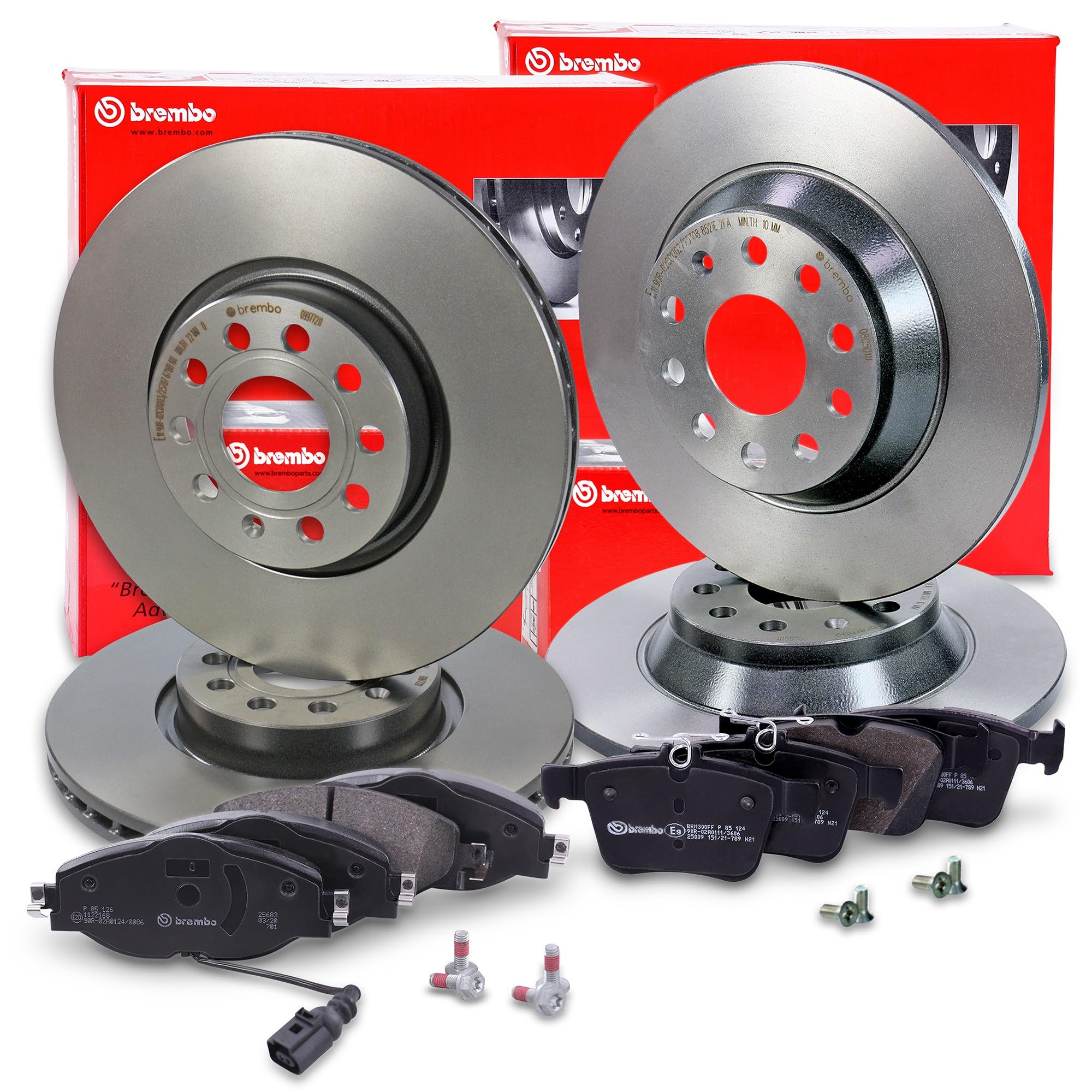 BREMBO Coated Disc Line Bremsenset inkl. Bremsscheiben Vorne Ø 312 mm Belüftet + Hinten Ø 300 mm Voll + Bremsbeläge Vorne und Hinten + Verschleißkontakt
