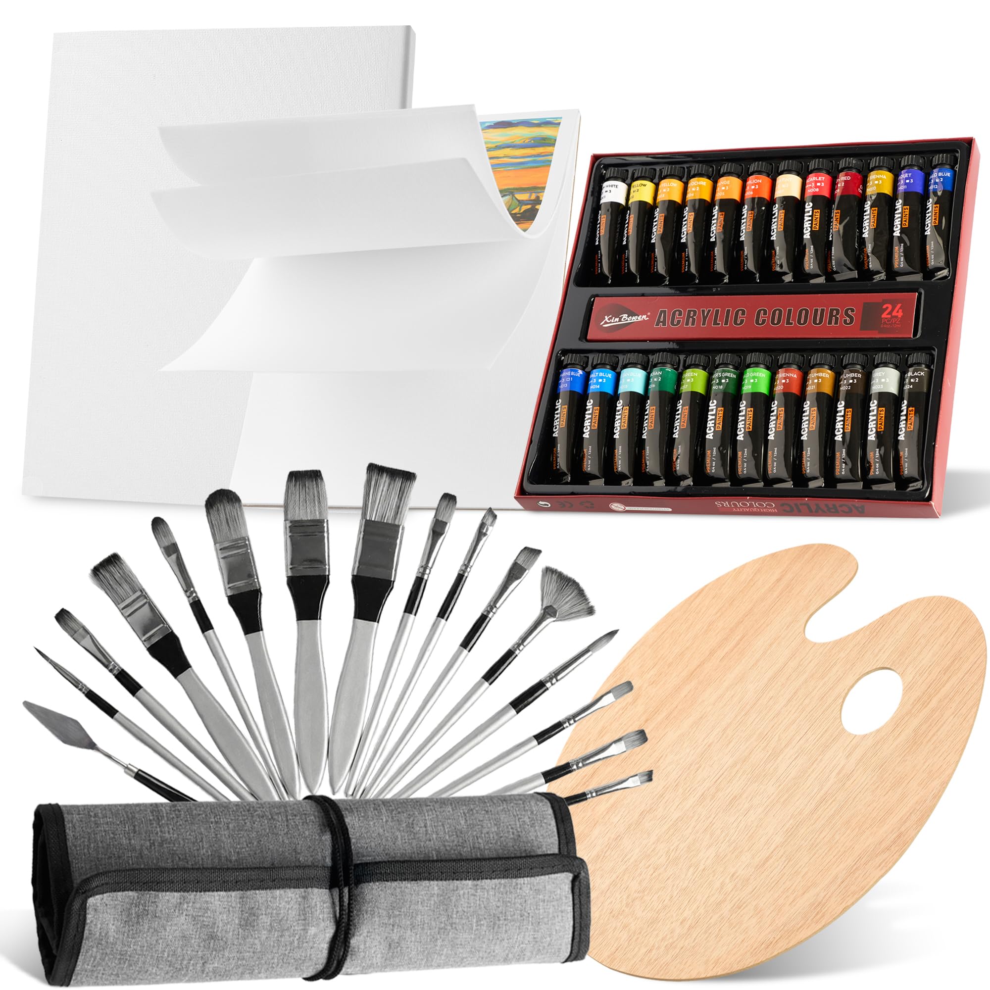 Kit de Pinturas Acrílicas Profesional, 24 Colores con 24 Pinceles, 20 Lienzos A4, Paleta de Mezclas de Madera y Estuche de Almacenamiento
