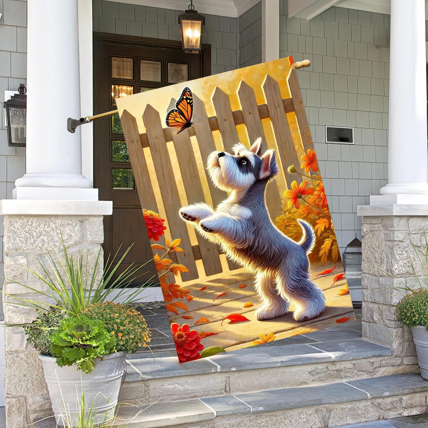 Thanksgiving Fall Garden Flag 12x18 Inch Welcome Schnauzer Outdoor Flag Double Sided Autumn Yard Banner with Puppy and Butterfly for Porch Lawn Patio Seasonal Decor - Image 6