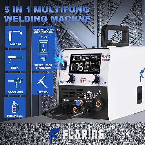 Miniatura 4 de FLARING Soldador MIG de 175 amperios, máquina soldadora de doble voltaje de 120 V 240 V para soldador MIG sin gasesgas MIGelevación TIGpalocarrete