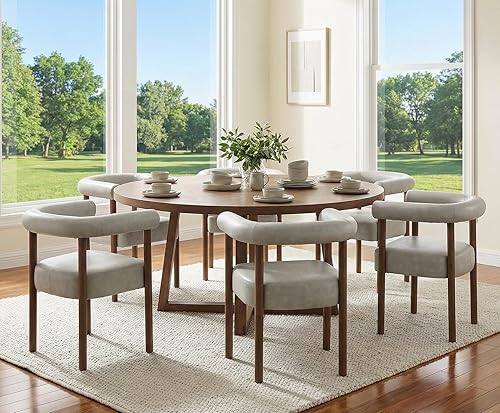 Miniatura 16 de Juego de 6 sillas de comedor de lino beige, sillas de comedor tapizadas modernas, sillas de cocina y comedor de respaldo curvo, sillas de acento,