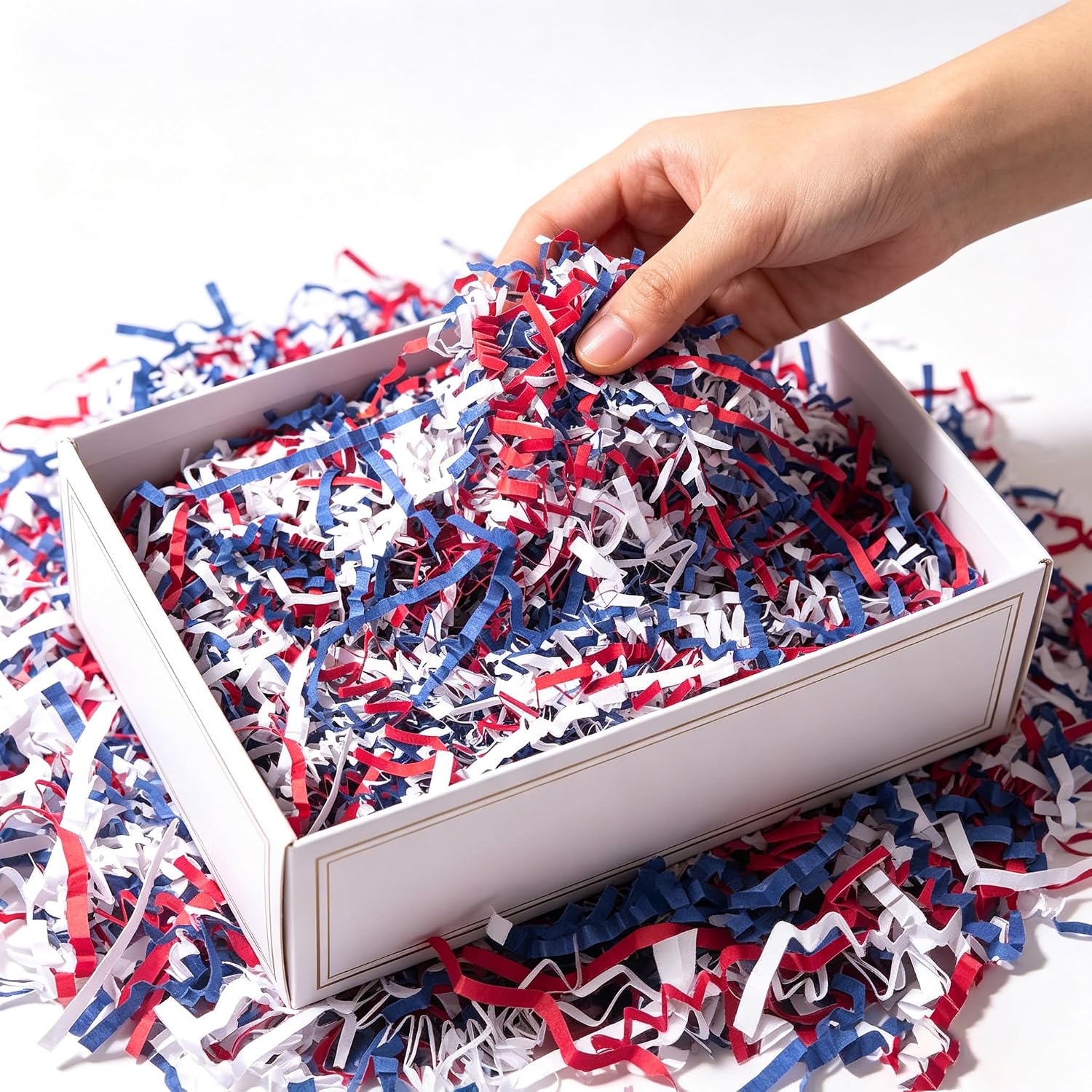 Uptotop 5oz Red White Blue Crinkle Cut Paper Shred Filler - Patriotic Crinkle Cut Paper for 4th of July, Independence Day Gift Basket Filler, Party Decor, Treat Box Lining, American Flag Color image 4