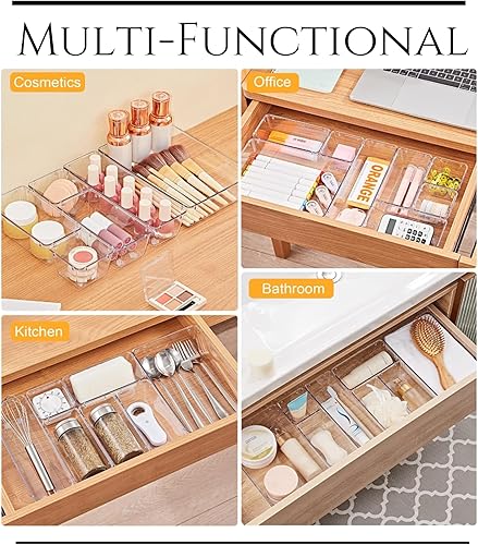 Miniatura 7 de Juego de 25 organizadores de cajones de plástico transparente, 4 tamaños versátiles para el hogar y el baño, contenedores de almacenamiento para