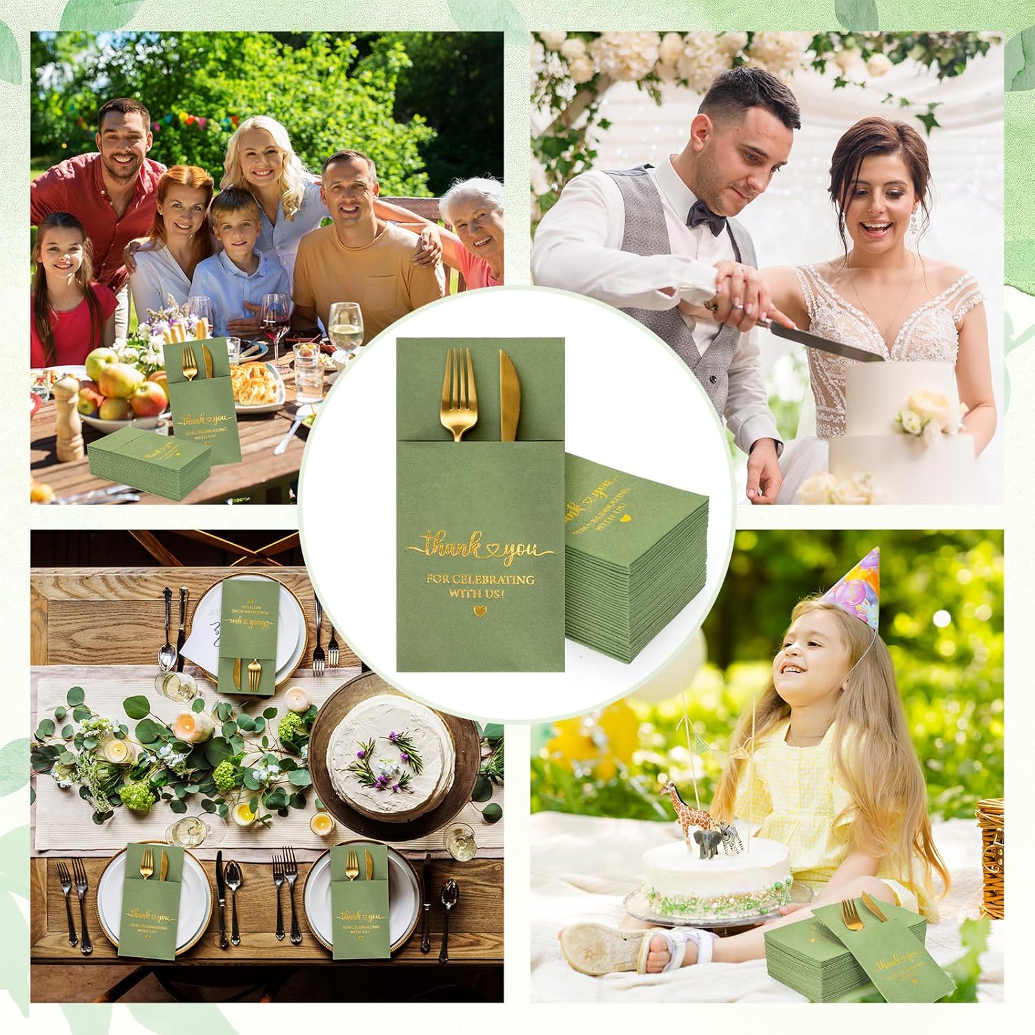 FYSUIMU 100 Pcs Wedding Linen Feel Napkins Sage Green Gold Foil Pocket Disposable Flatware Airlaid Paper Napkin Prefolded Dinner Guest Hand Towel For Wedding Engagement Bridal Baby Shower Party Decor
