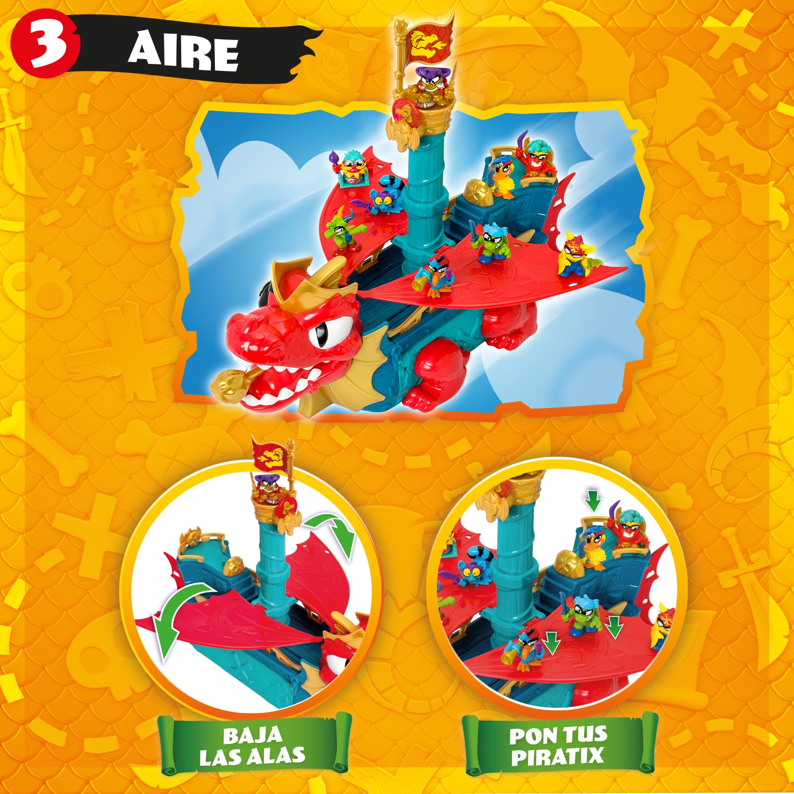 PIRATIX Dragon Ship – Barco Dragón de Piratix Todo Terreno 3 en 1: Tierra, Mar y Aire. Contiene 1 Barco Dragón, 1 Piratix Exclusivo, 1 Tesoro Exclusivo, 1 Bandera y 1 proyectil