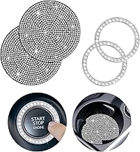 cobee Bling Car Coasters, Pack of 2 Universal Silicone Non-Slip Car Drink Holders + 2 Bling Insert Coasters & Start Button Ignition Ring Crystal Rhinestone Car Coaster (Silver)