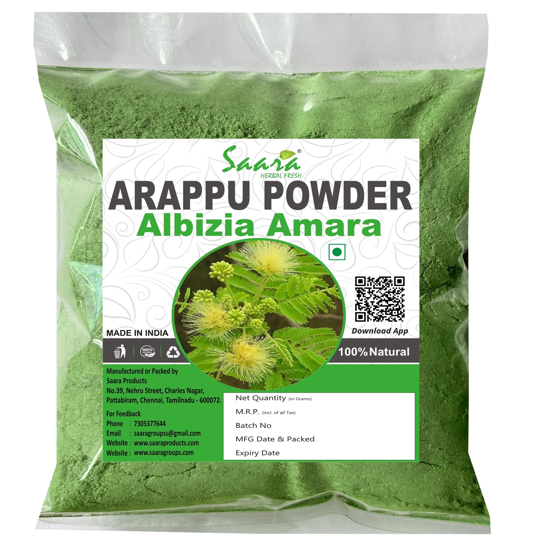 Saara HERBAL FRESH Arappu Powder 200g | Albizia Amara | Usilam | Green Arappu for Hair wash & Hair care (Pack of 2 X 100g)