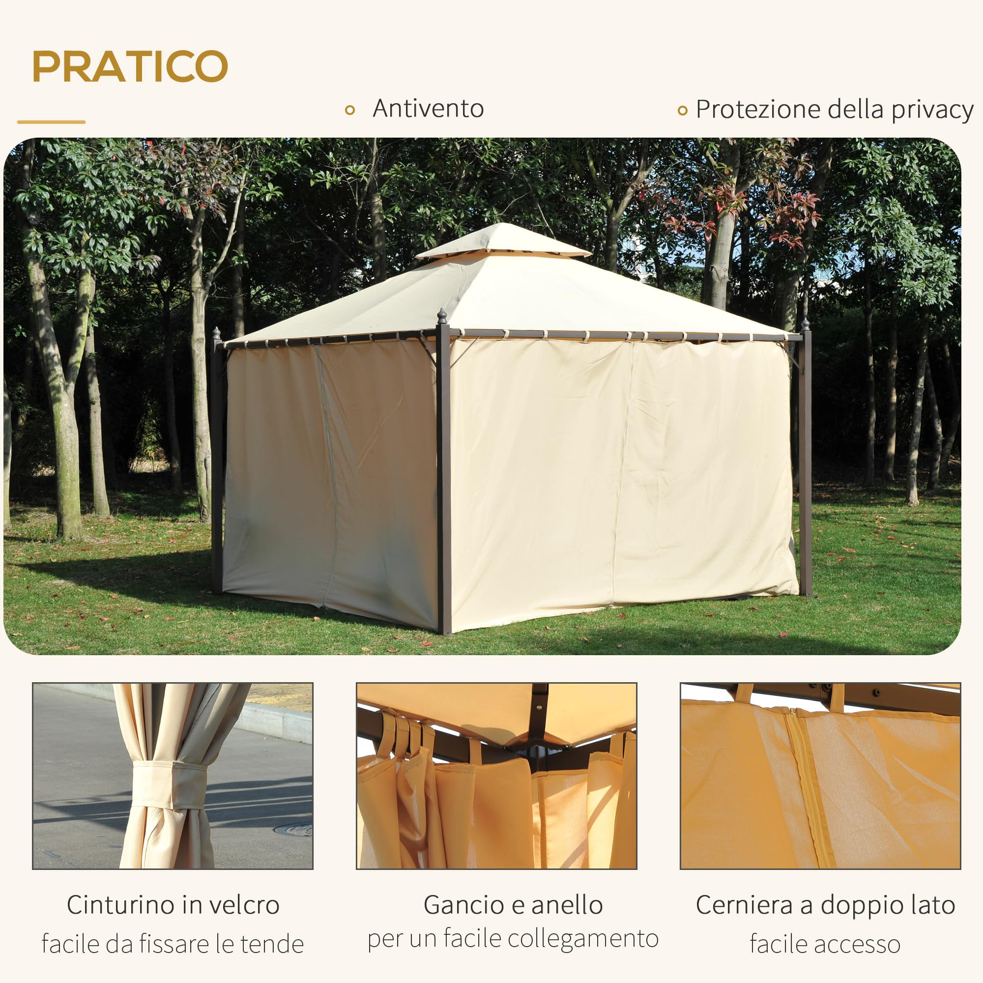 Outsunny Gazebo da Giardino 3 x 3m 4 Tende Laterali Doppio Tetto Beige | nan