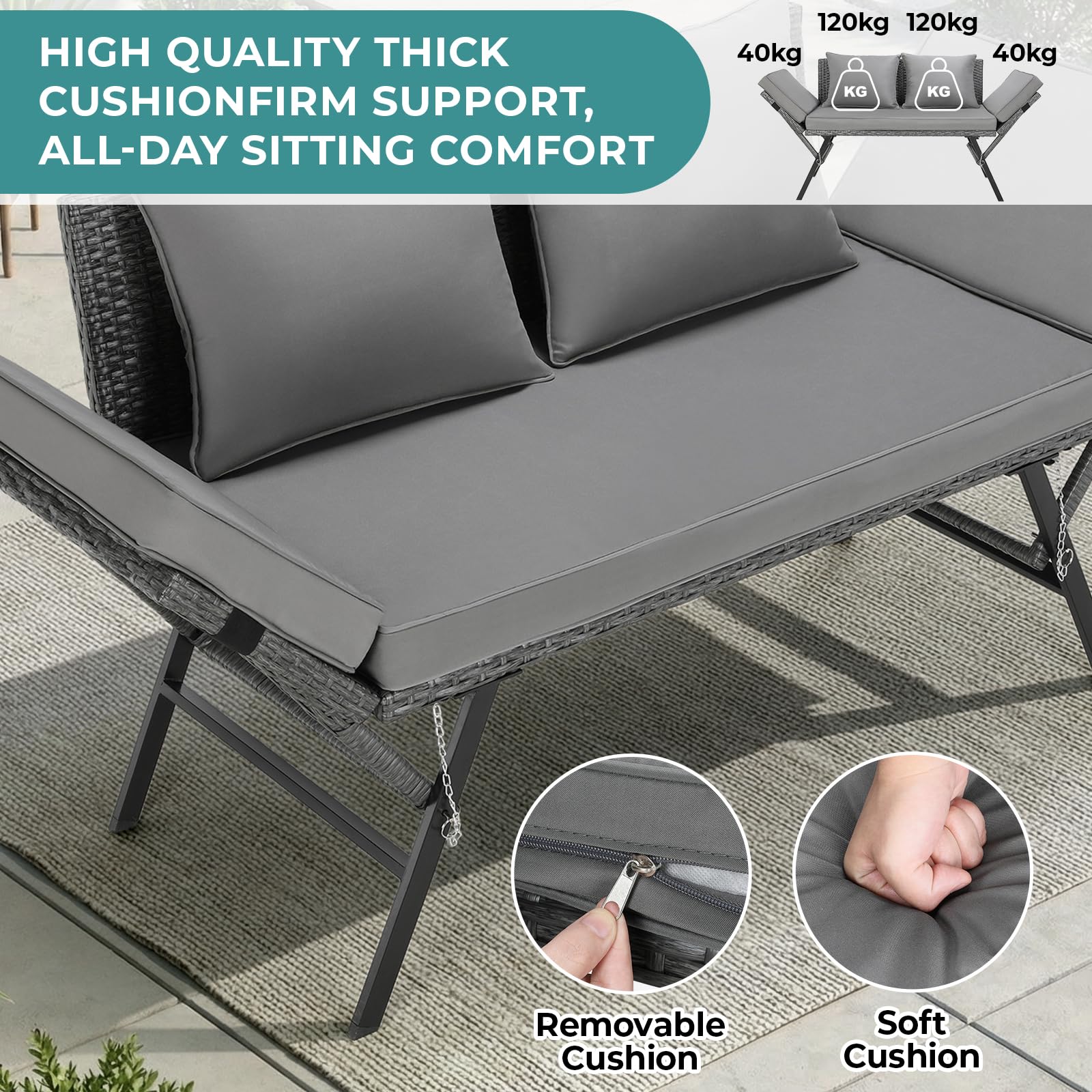 Divano Esterno Giardino in Polyrattan con Funzione Reclinabile, Divanetto da Esterno 2 Posti,Mobili da Giardino in Rattan,Divano in Polyrattan con Braccioli Regolabili,per Giardino,Terrazza (Grigio)
