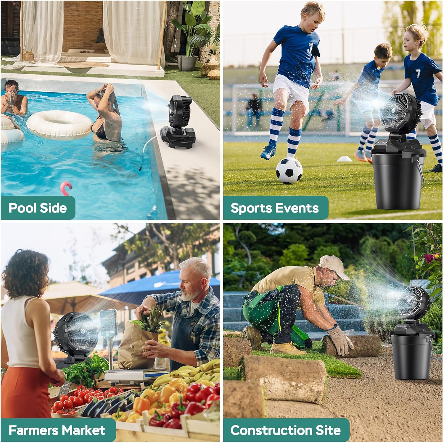 Portable Misting Fan for Outdoors Patios - 30000mAh Rechargeable Battery Powered Camping Fan, 4 Spray Mister with Timer, Fits 10-13" Bucket, 4 Speed, 90° Auto Oscillation for Garden Sports Travel Golf