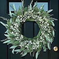 26" Lifelike Eucalyptus & Baby's Breath Wreath for Front Door - Artificial Greenery Outdoor Wreath All Seasons, Farmhouse Porch Window Decor (Green-White)