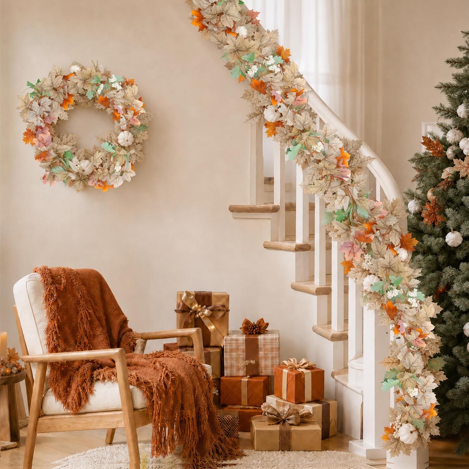 Mega-L Fall Garland, 2 Pack Maple Leaf with Pumpkin Garland for Fall Decor
