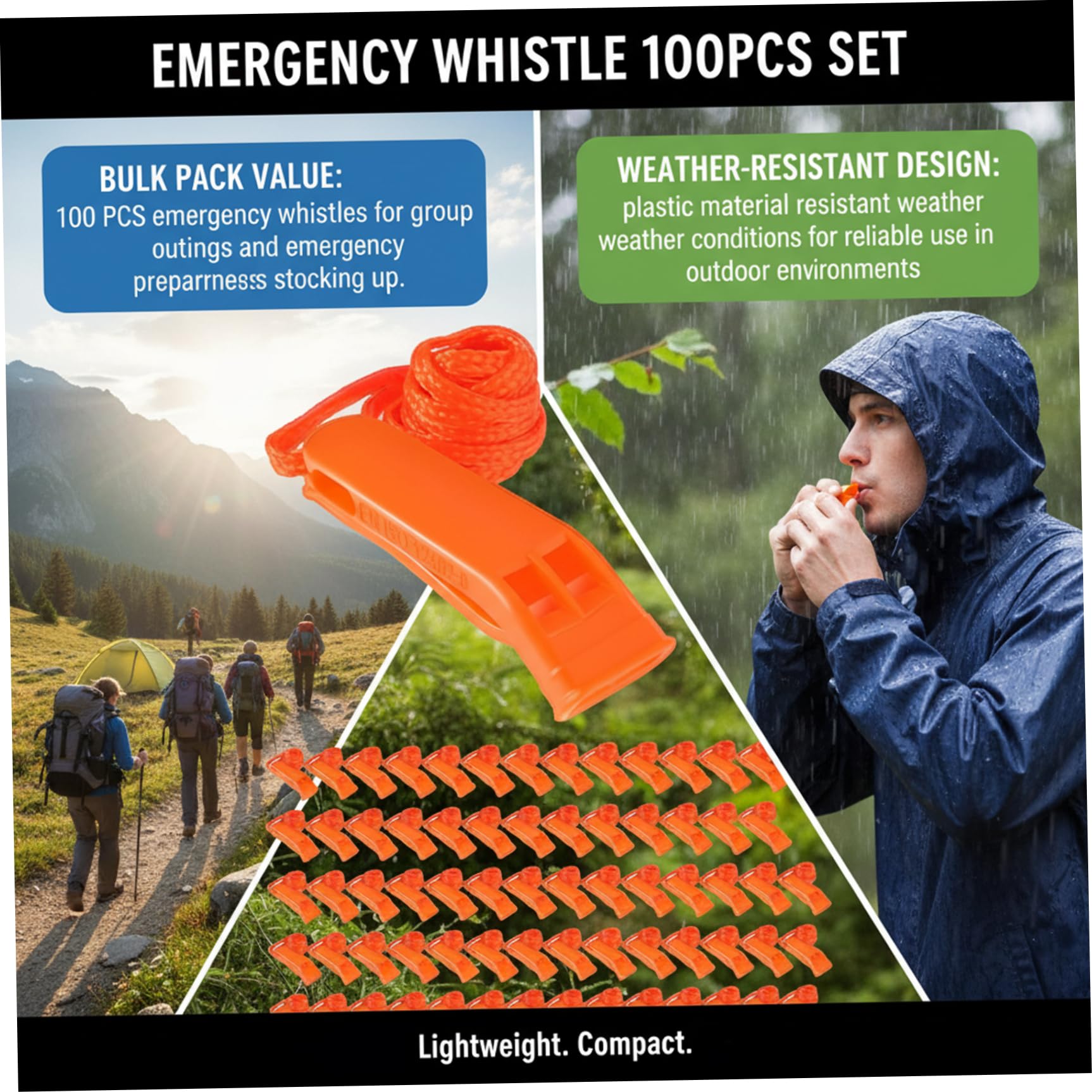 Silbato de Emergencia 100PCS Silbato de Seguridad de plástico Ruidoso con cordón Equipo de Supervivencia para Kayak Can
