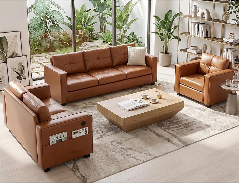 Brown Leather 3-Piece Sofa Set with USB & Type-C, Living Room Couch | TYBOATLE Sectional Couches, Comfy 3-Piece Living Room Furniture with Charging Ports, RV Office Apartment Bedroom, Brown