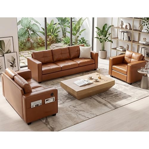 Brown Leather 3-Piece Sofa Set with USB & Type-C, Living