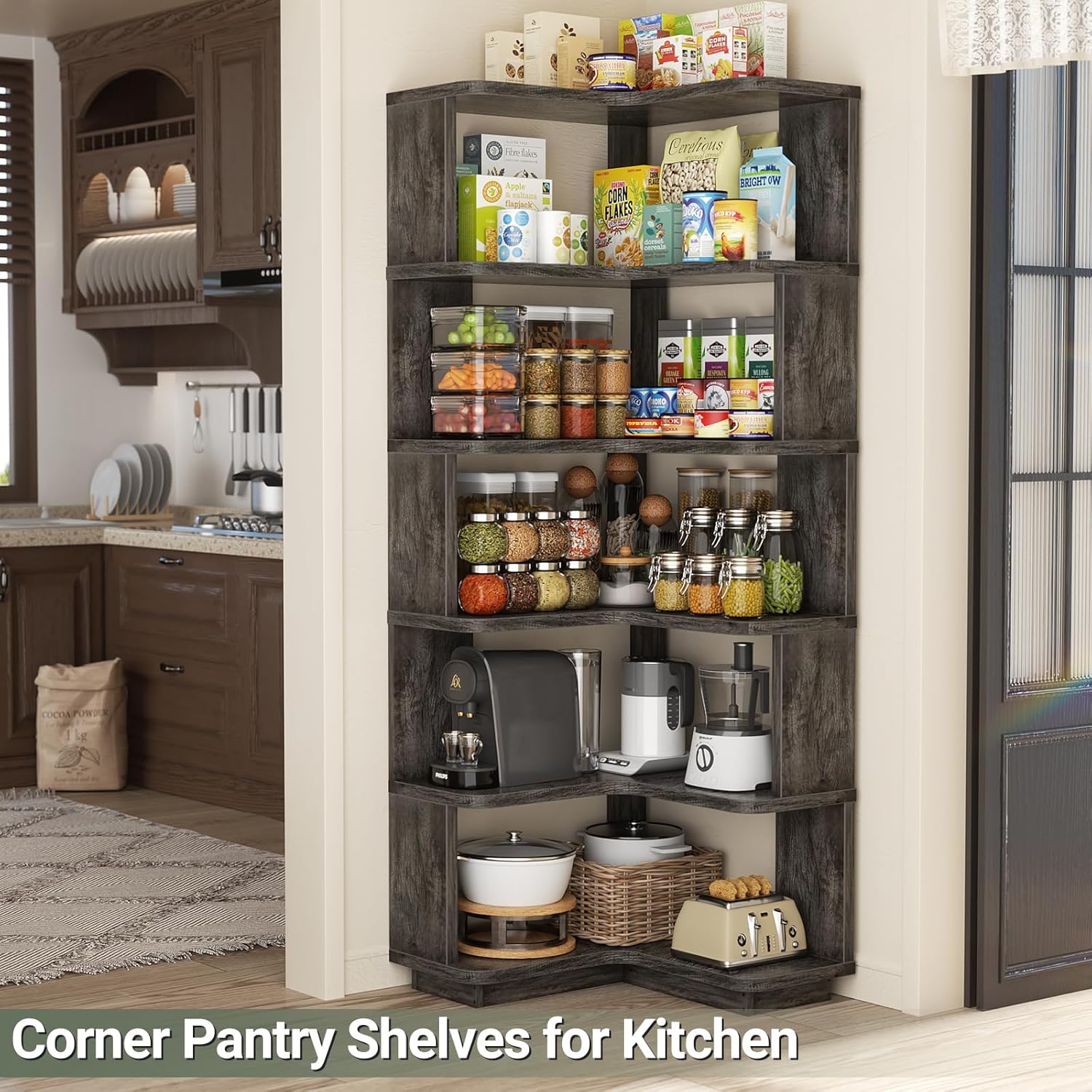 Armocity Corner Book Shelf used as pantry shelves in a kitchen, storing various food items and small appliances.