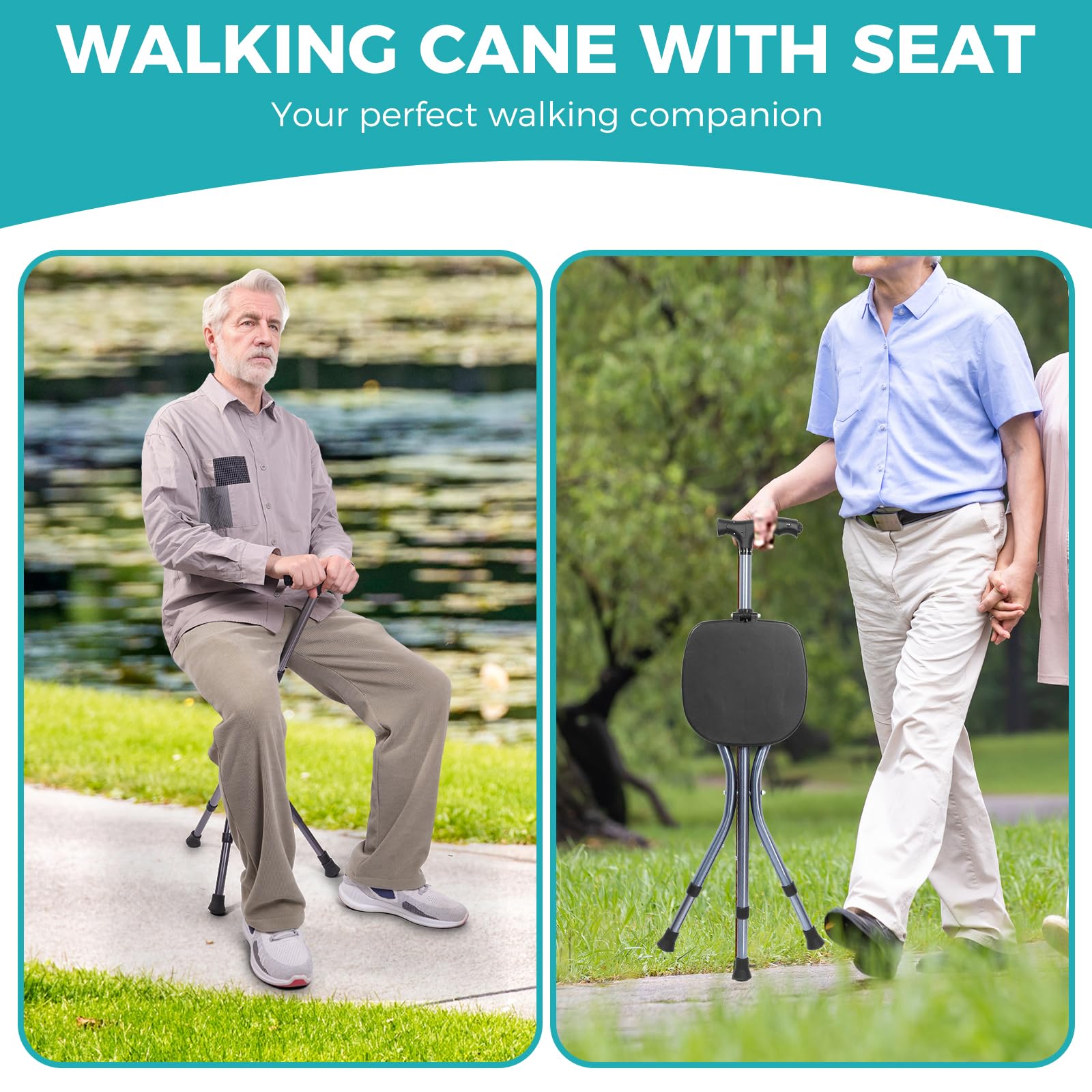 ENLUNTRA Bastone da passeggio pieghevole portatile regolabile con sedile, sedile per anziani, con manico magnetico massaggiante e LED, supporta fino a 150 kg
