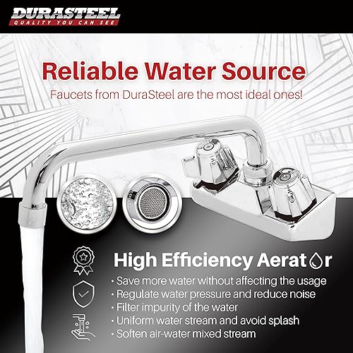 Miniatura 16 de DuraSteel Grifo de fregadero de cocina comercial, sin plomo, 4 pulgadas, montaje en pared central, grifo de fregadero de mano con boquilla de cuello