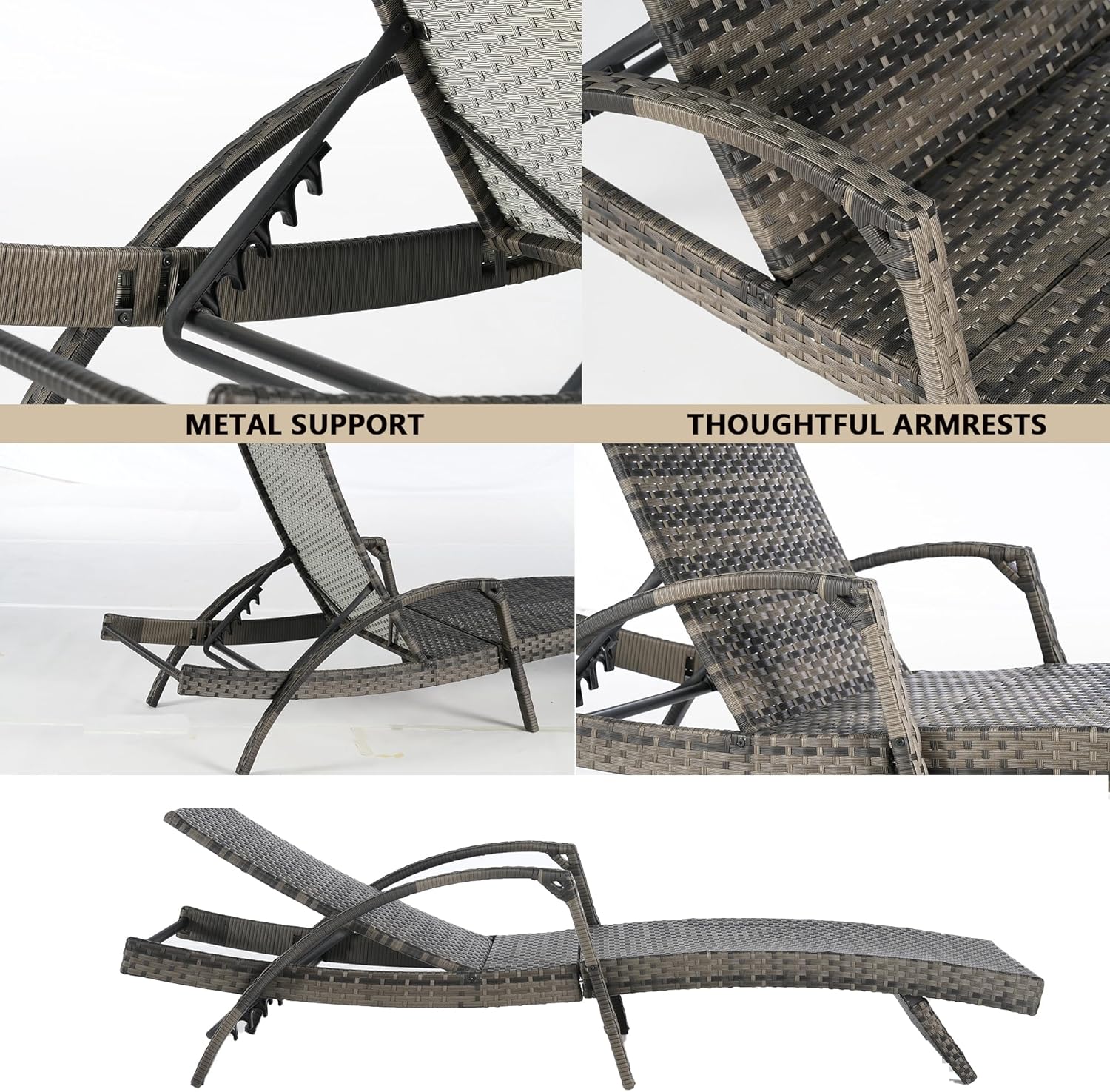 Outdoor Lounge Chairs Set of 2,Wicker Chaise Lounge Chair Pool Chaise Lounge,Patio Lounge Chair with Adjustable Backrest Arm Cushion for Poolside