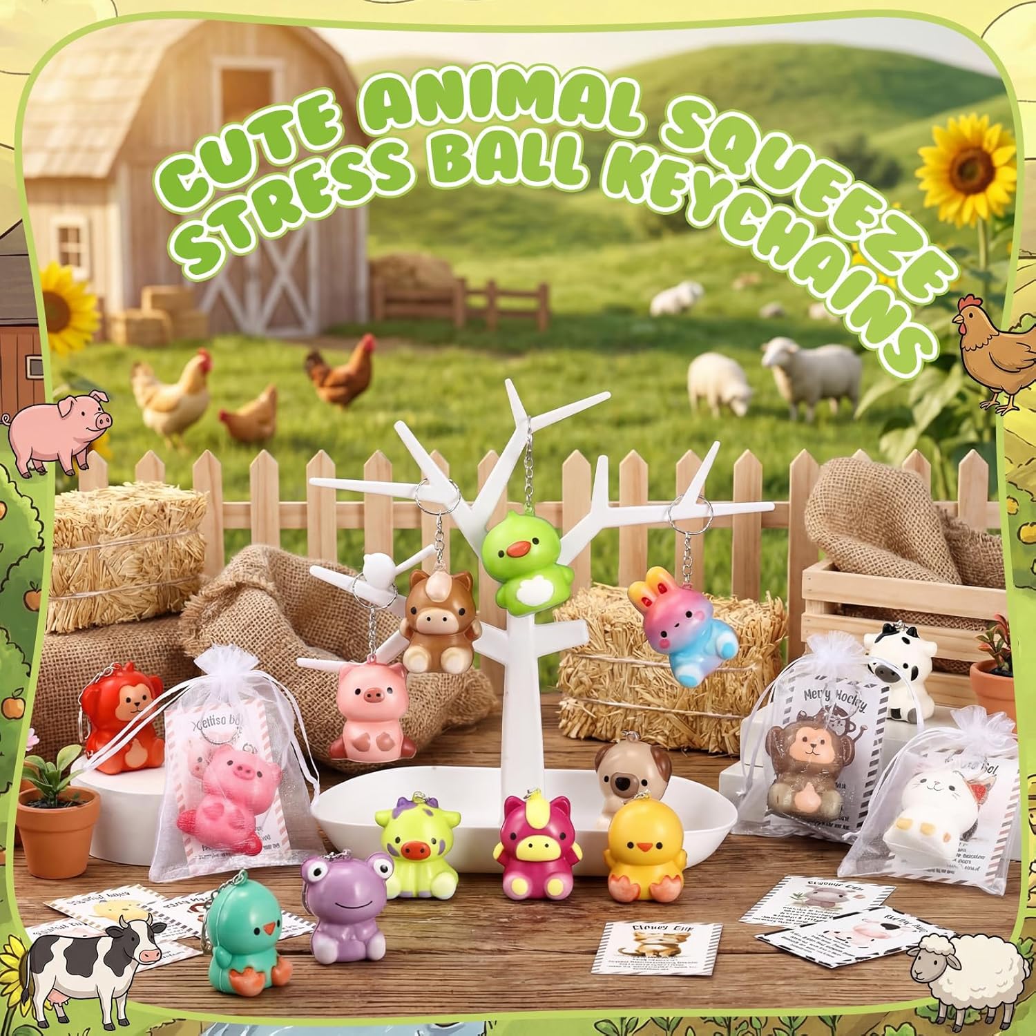 Soulchen 24 Set Cute Animal Stress Balls Keychains Squeeze Desk Fidget Pets with Positive Cards for Teacher Students Coworker Employee Office Staff Volunteer Gifts