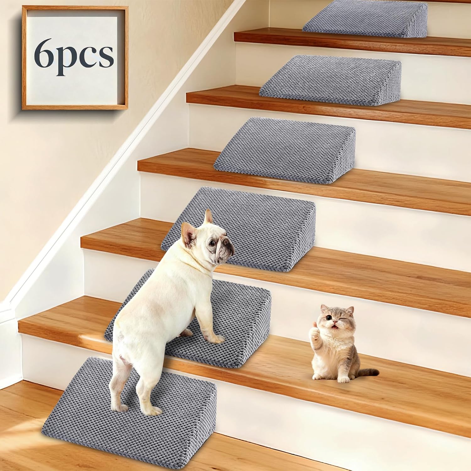 Dog Ramp for Stairs for Small & Senior Dogs and Cats – Non-Slip Stair Wedges for Dogs with Gentle Slope, Pet Ramp with Washable Cover & Self-Sticky Pads for Safe Climbing (Gray, 6 Pack) Gray 6-Pack