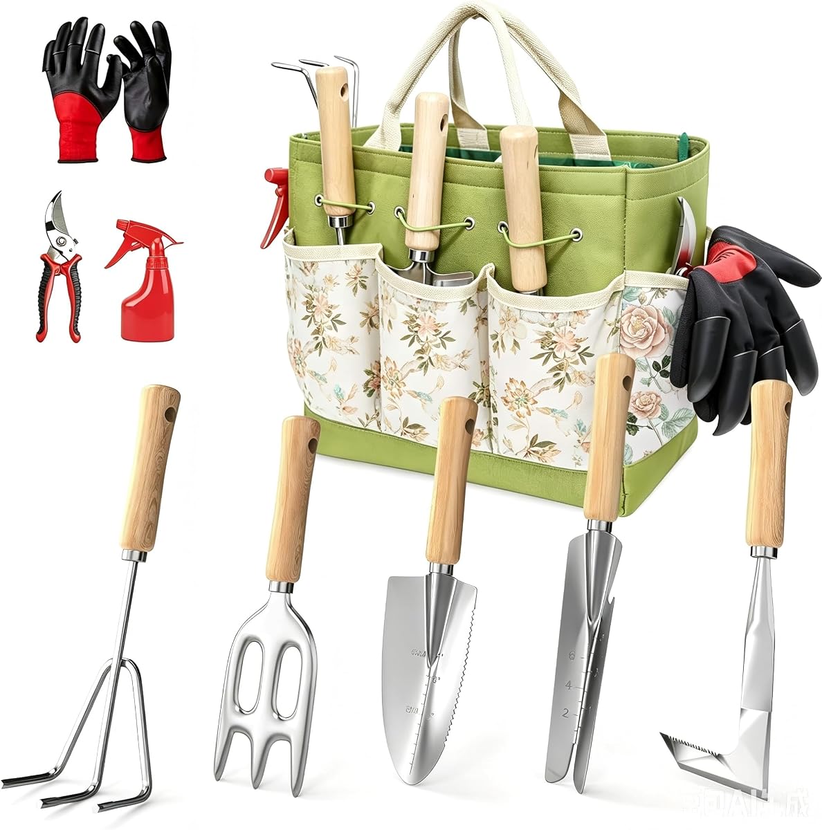 Garden Tools Set, 9-Piece Heavy Duty Gardening Tools with Clear Pocket Tote Bag, Stainless Steel Garden Hand Tools for Digging, Planting, Weeding and Pruning, Durable Gardening Kit