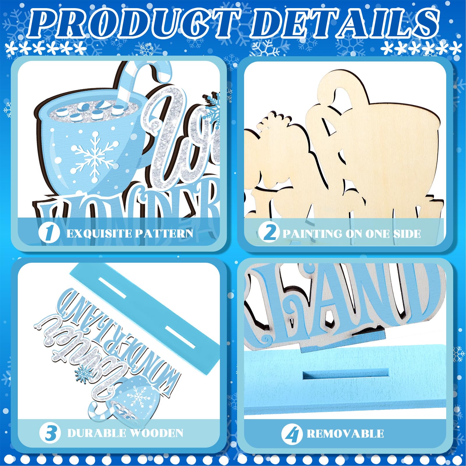 Wonderjune 6 piezas de decoración de mesa de invierno, copo de nieve, muñeco de nieve, centros de mesa de madera, decoraciones del país de las maravillas para fiestas de congelado, invierno, temática