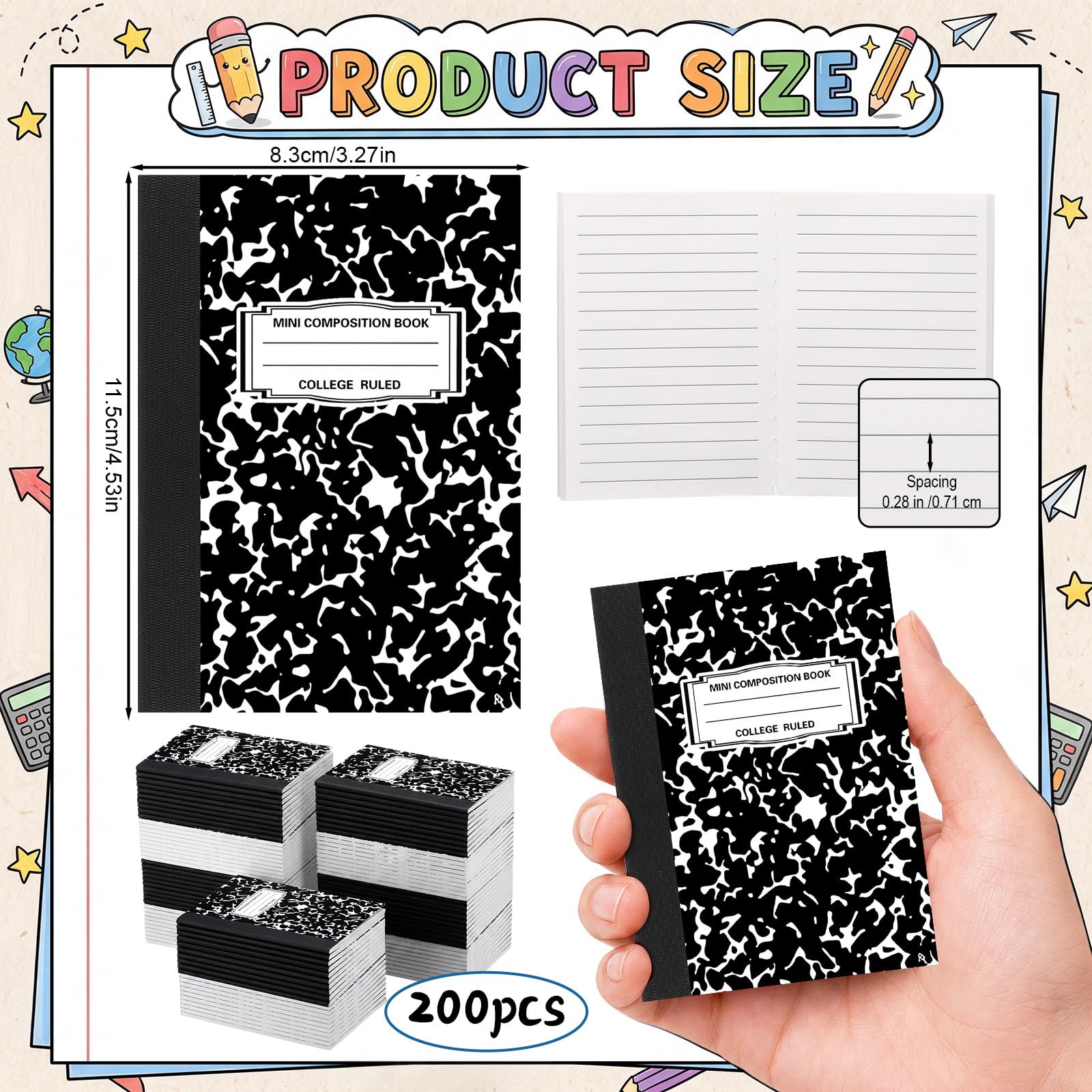 Resurhang Confezione da 200 mini quaderni tascabili per composizione universitaria a righe 11,4 x 8,3 cm, piccoli quaderni per diario, 30 fogli/60 pagine, copertina marmorizzata per scuola e ufficio