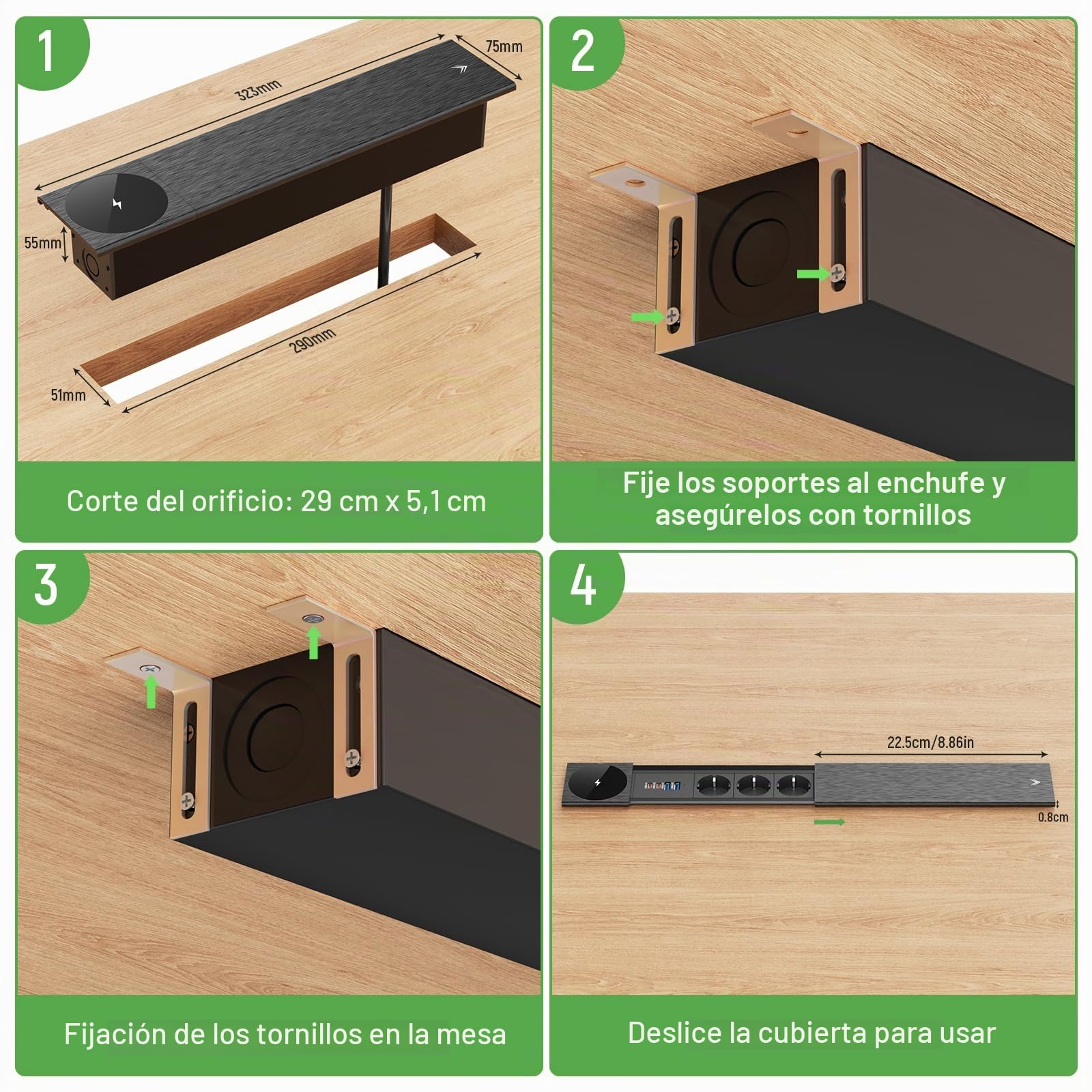 Enchufe de Mesa Empotrable con 3 Tomas, 2 USB-C PD 30 W y Cargador Inalámbrico 15 W, Regleta Encastrable con Tapa Metálica para Escritorio, Cocina y Oficina