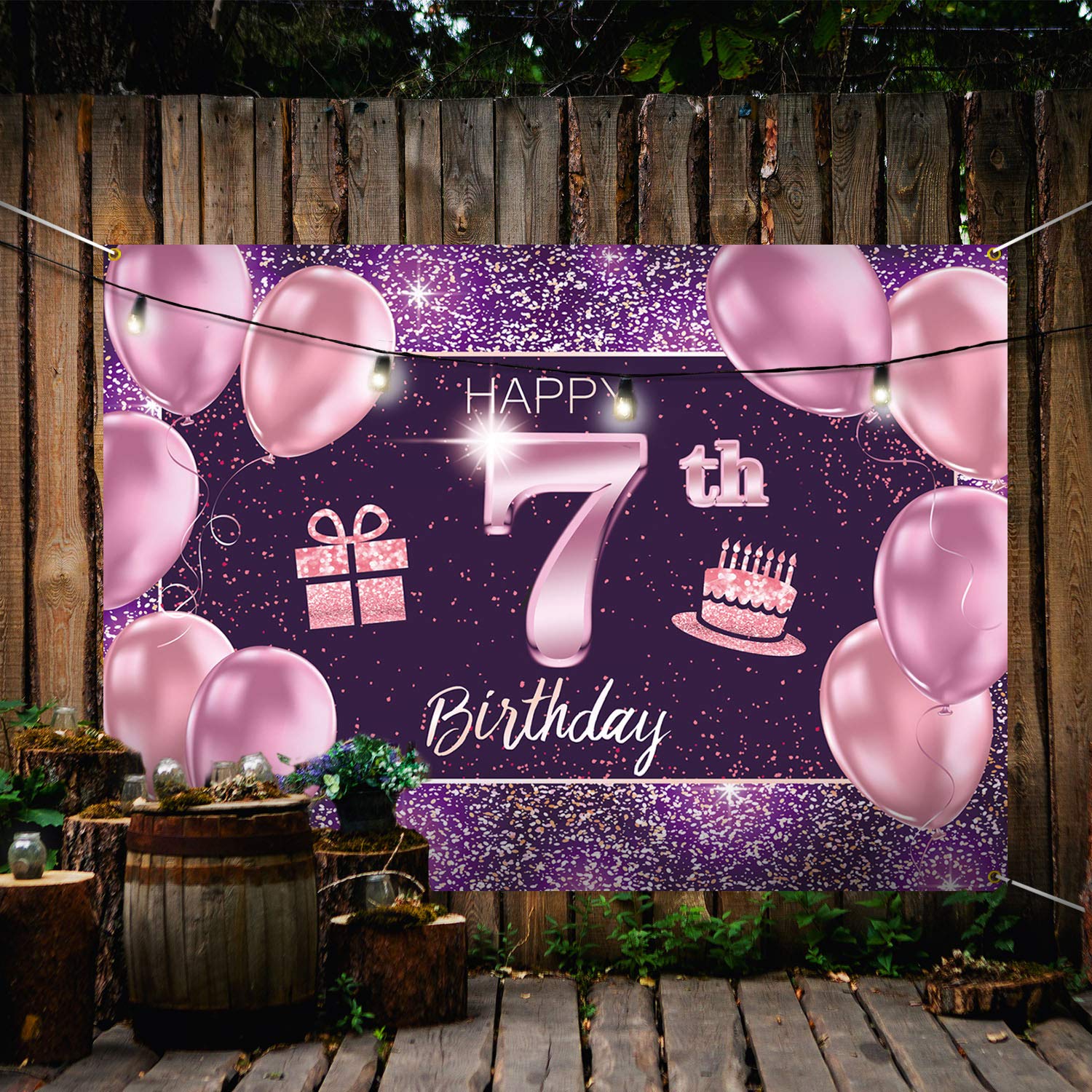Baner 'Happy 7th Birthday' tło - 7 dekoracje na przyjęcie urodzinowe materiały dla dziewczynki - różowe fioletowe złoto 1,2 x 1,8 m
