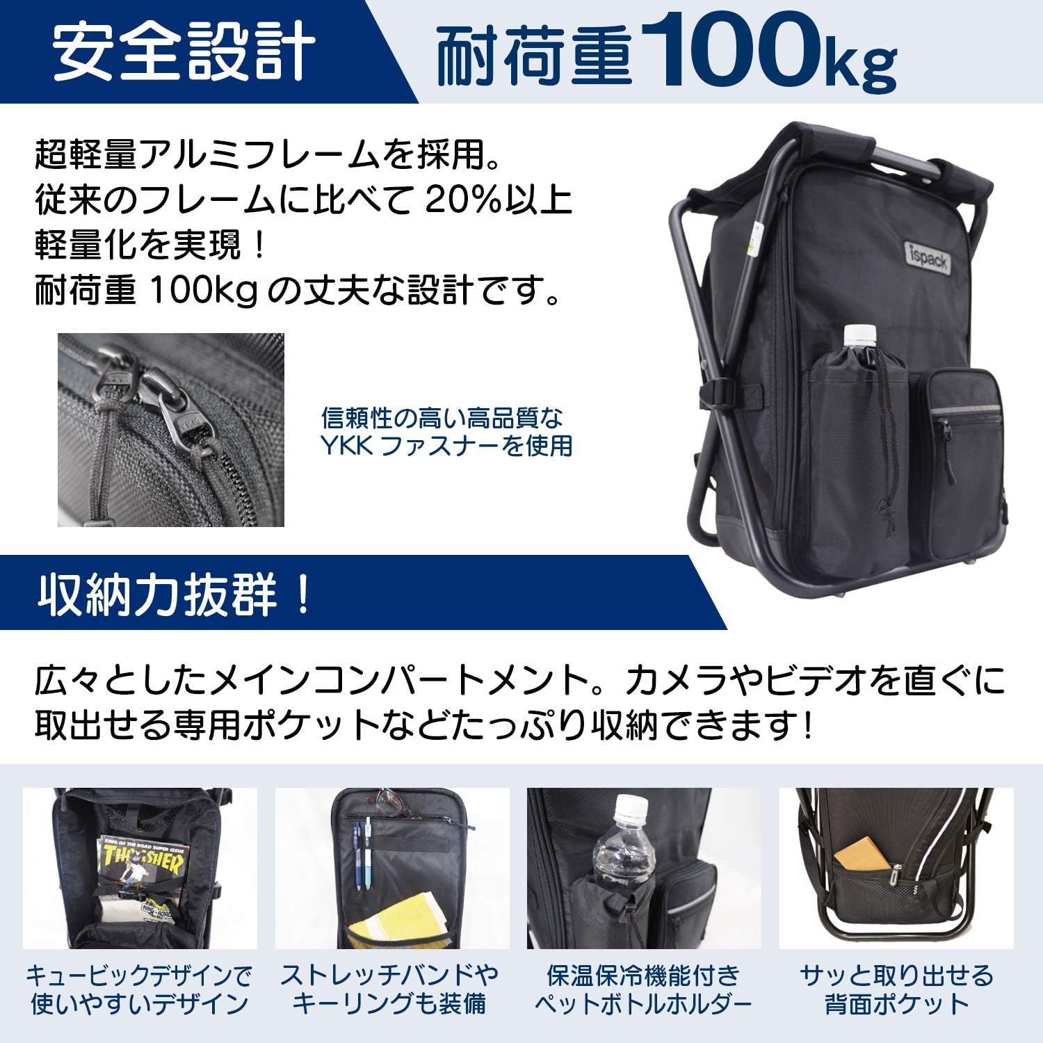 [ イスパック ] アウトドア 椅子付き リュック 2WAY ペットボトルポケット付き HQ-PLUS ブラック