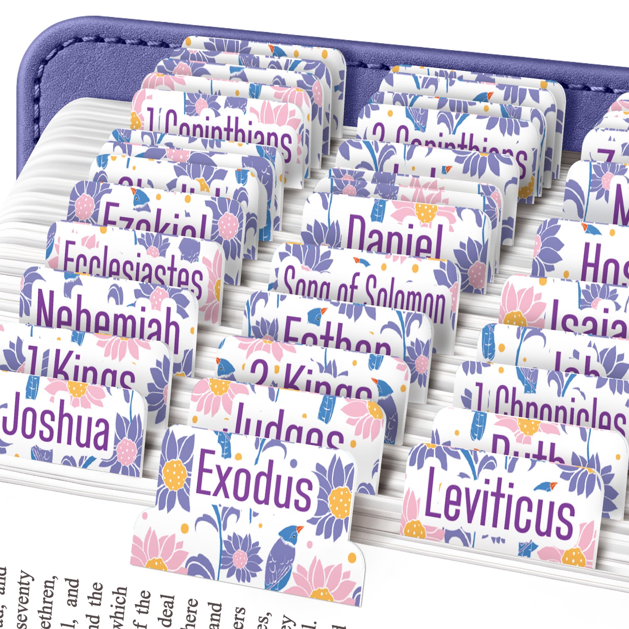 EssexWares – Purple Daisies Flower Bible Tabs for Old and New Testament, 80 Large Print Tabs for Bible Study, Water-Resistant and Durable Bible Index Tabs for Women and Men - 1.7" Wide