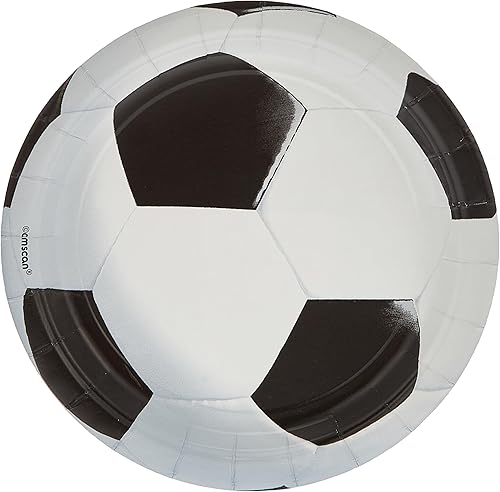 Miniatura 2 de Platos redondos de postre de papel blanco y negro de fútbol 3D, 7 pulgadas (8 unidades), perfectos para entusiastas del deporte, cumpleaños y noches