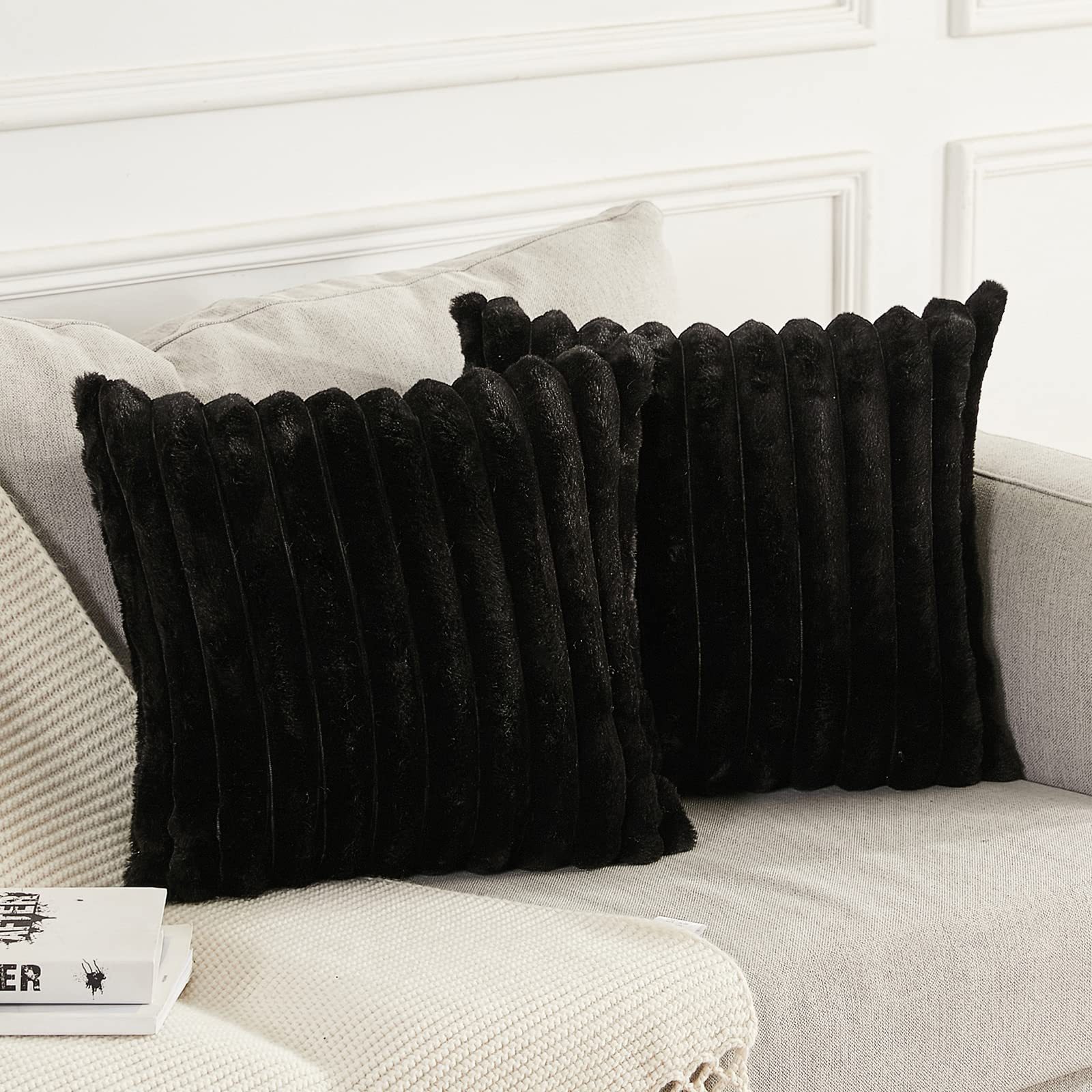 Joyouth Pack of 2,Double-Sided Faux Fur Plush Decorative Throw Pillow Covers Fuzzy Striped Soft Pillowcase Cushion Covers for Sofa Couch Bedroom Black 20x20 inch