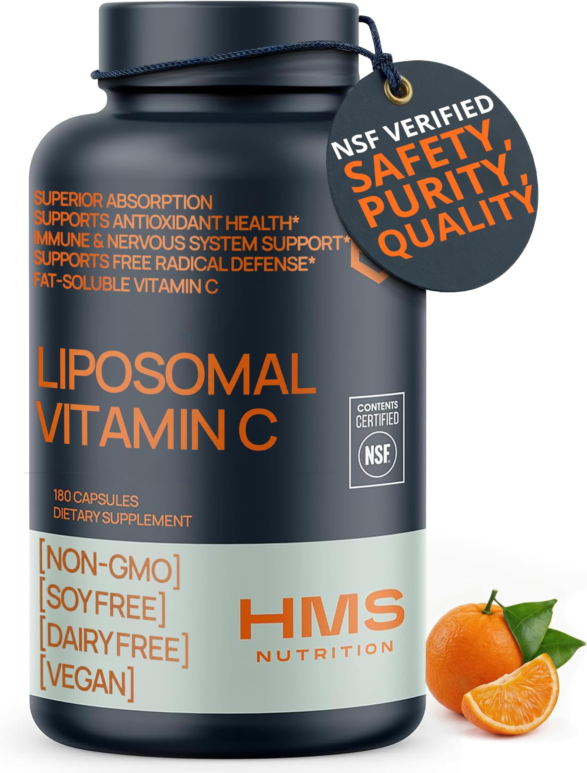 HMS Nutrition Liposomal Vitamin C 1600 mg โ FatโSoluble, HighโAbsorption Liposomal C Capsules for Immune & Skin Support | NSFโCertified, NonโGMO, GlutenโFree | 180 Capsules (90โDay Supply)