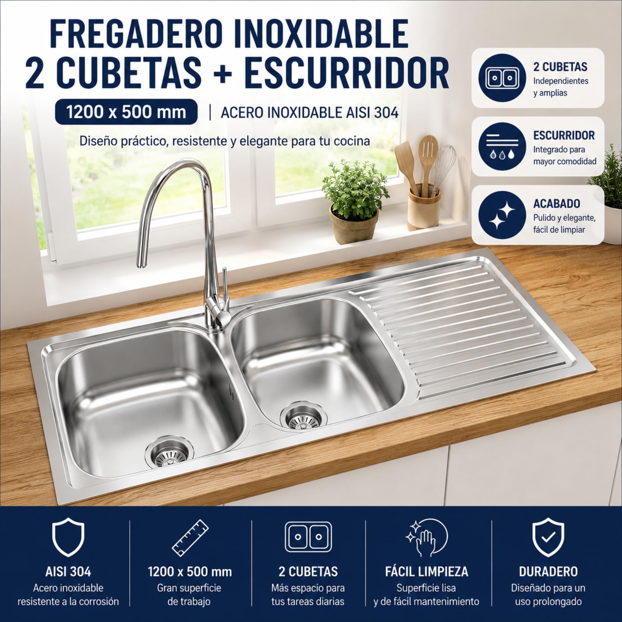 Fregadero Acero Inoxidable 120 x 50 cm con 2 Cubetas y Escurridor, AISI 304, Sobre Encimera, Acabado Pulido, Profundidad 150 mm, Modelo Praga