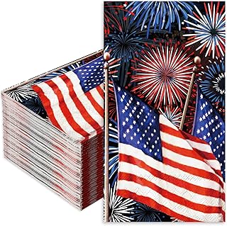 Whaline 100Pcs Patriotic Guest Napkins Fireworks American Flag Disposable Napkins 4th of July Dinner Hand Napkin Towel for Independence Day Memorial Day Party Supplies