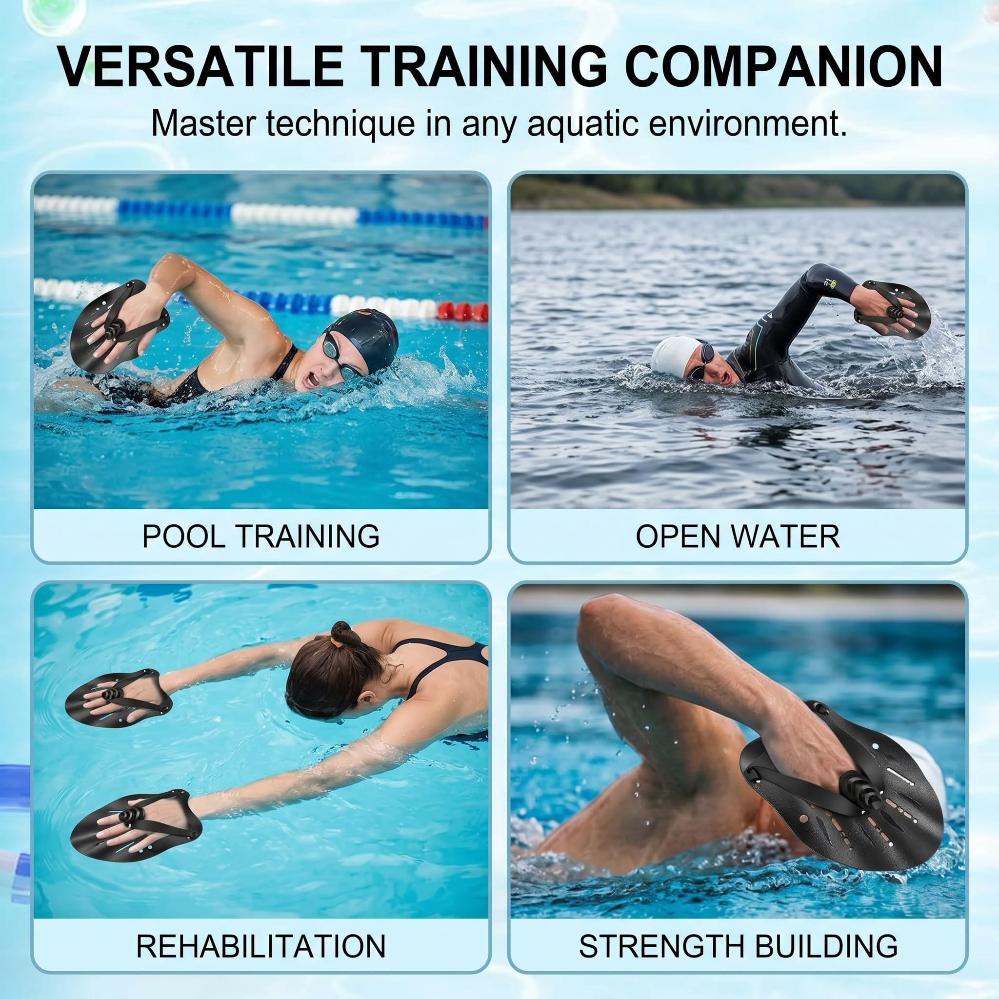 Palette Nuoto Piscina Adulti, 1 Paio Nere in Silicone con Cinghie Regolabili per Allenamento Tecnica e Resistenza