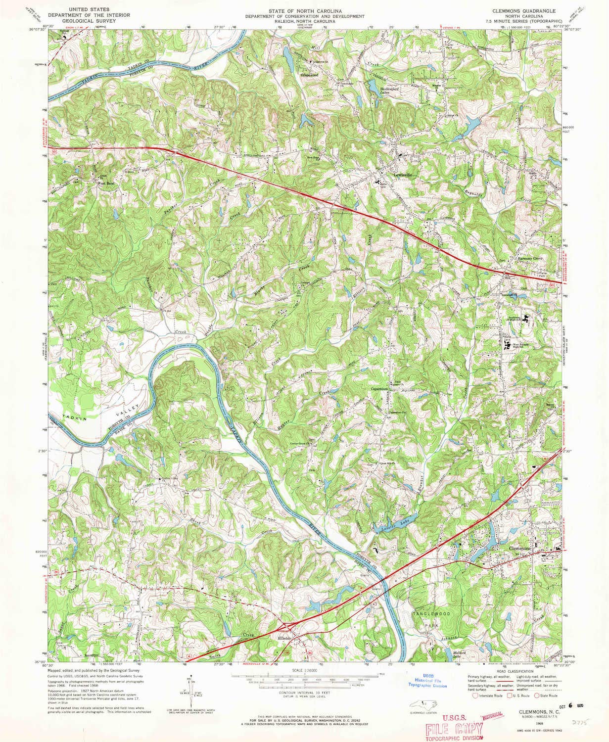 YellowMaps Clemmons NC topo map, 1:24000 Scale, 7.5 X 7.5 Minute, Historical, 1968, Updated 1970, 26.7 x 21.9 in - Polypropylene