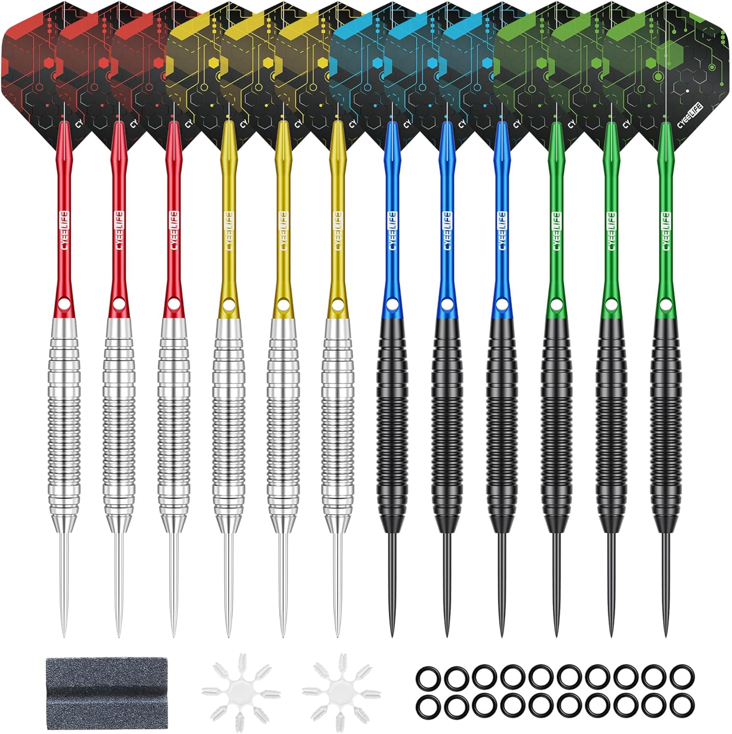 CyeeLife Steel Tip Darts 12 Pack,Professional 20 Grams Metal Dart Set with 4 Color Premium Aluminum Shafts, 4 Style 16pcs PET Flights and 12 Alu Flight Protectors,Beginner or Professional Darts