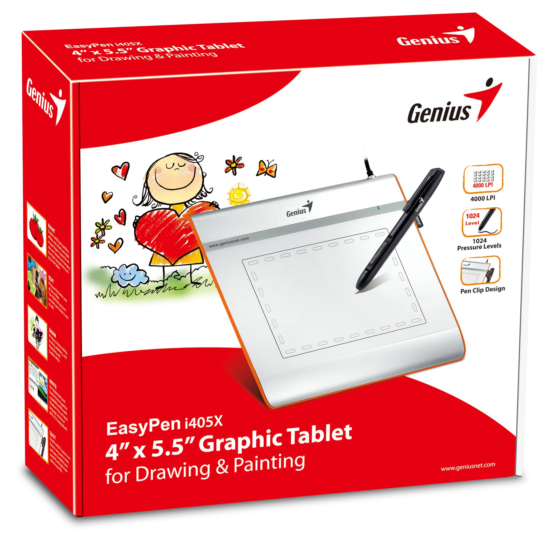 Genius Easy-Pen I405X Tavoletta Grafica, 4", Argento