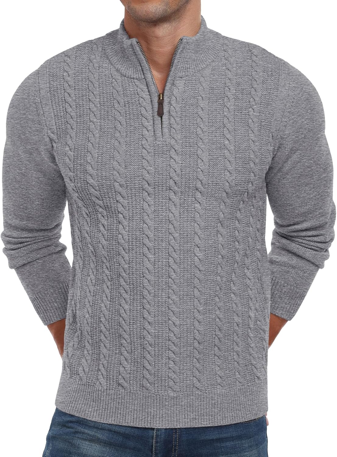 Askdeer Men's Quarter Zip Sweater Cable Knit Mock Turtleneck Sweater Long Sleeve Soft Casual Pullover Sweater