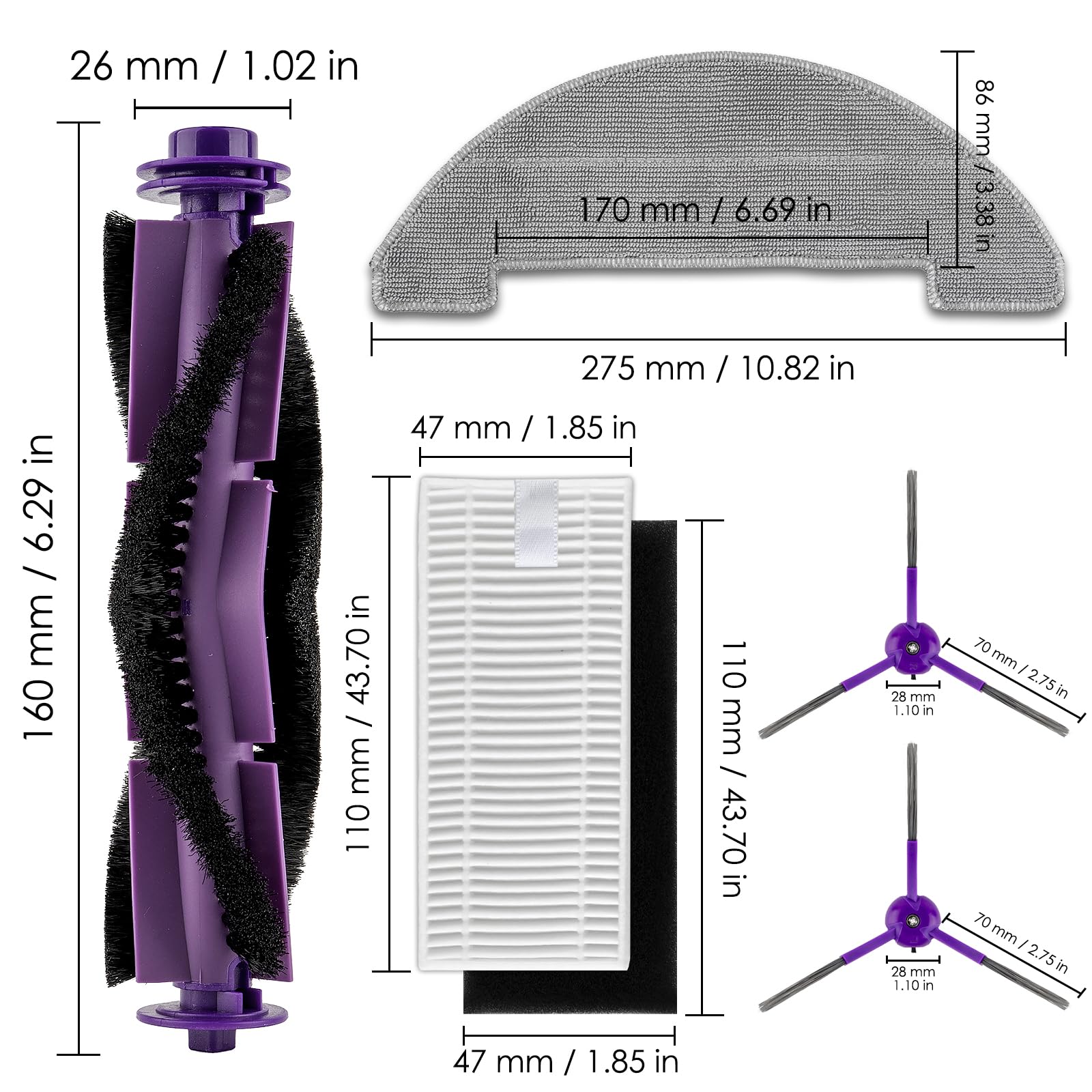 (27 piezas) MR1 SE Piezas de repuesto para robot aspirador MONSGA MR1 SE, 2 cepillos giratorios, 10 cepillos laterales, 10 filtros HEPA con filtros de espuma, 5 paños de fregado, kit de accesorios