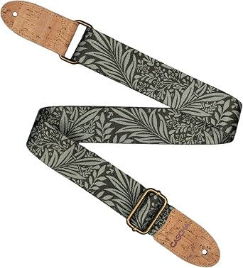 CASCHA Vegan Guitar Strap with Leaf Pattern, Polyester with Cork Ends, Green/Black
