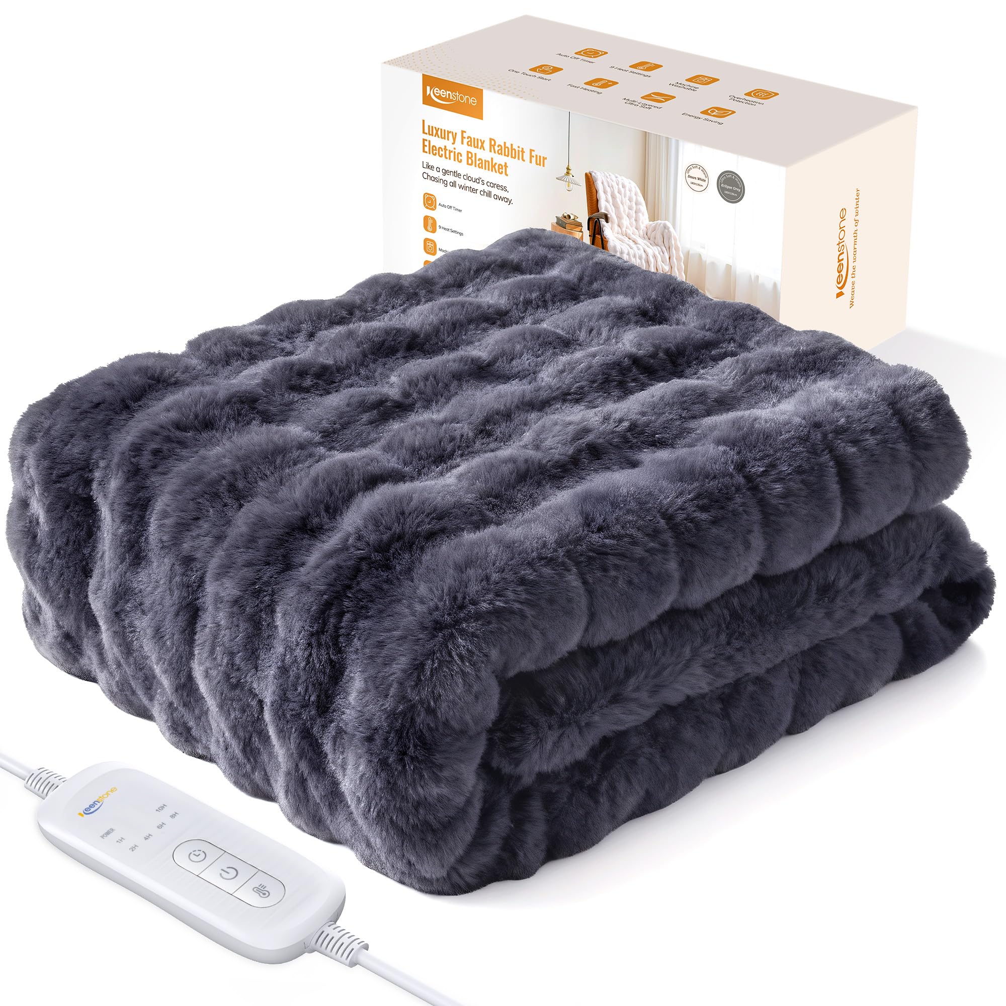 Keenstone Manta eléctrica de Lujo con Pelo sintético, 8 Niveles de Calor, Temporizador de 10 Horas, protección contra sobrecalentamiento, certificación Oeko-Tex, Suave y mullida para Toda la Familia,