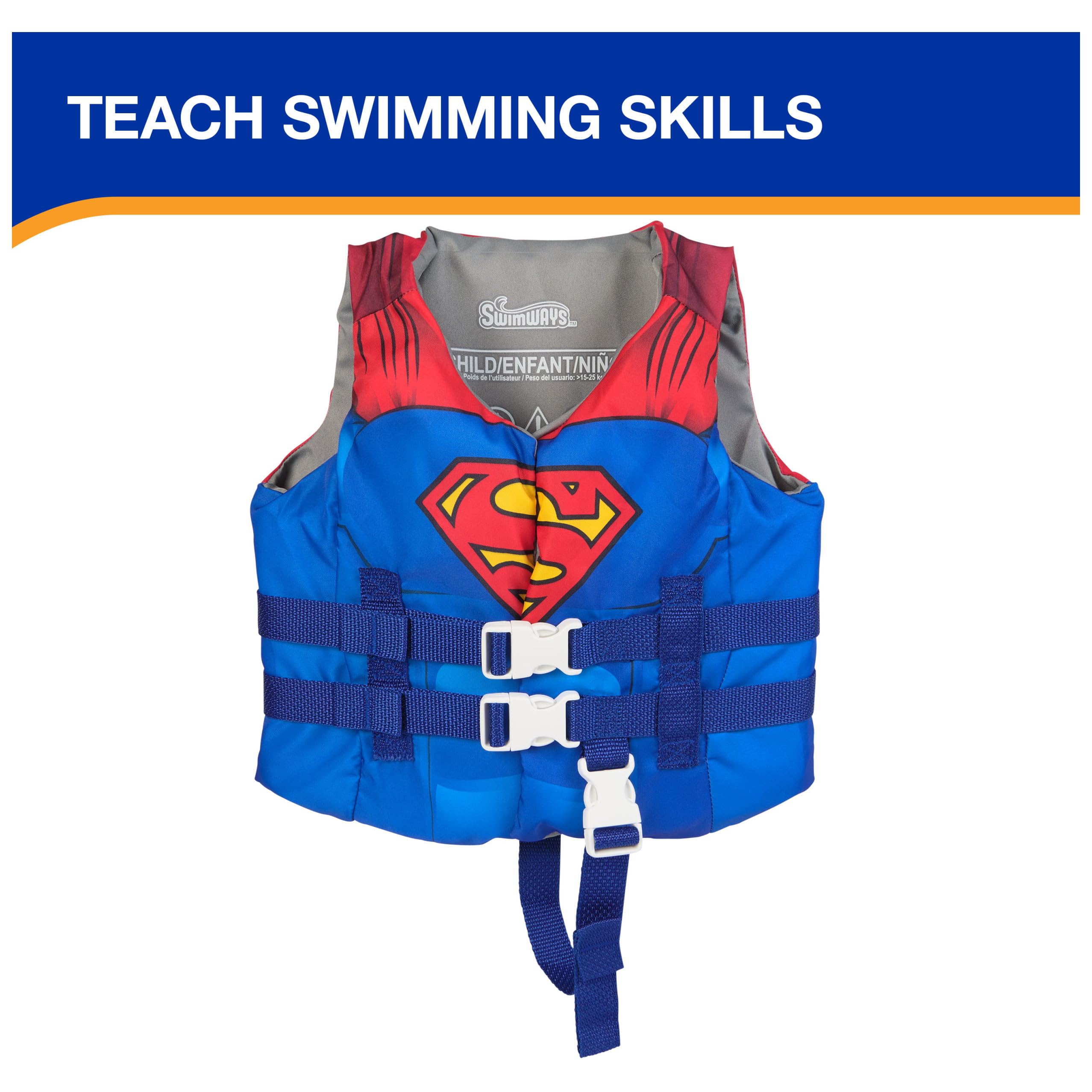 SwimWays DC - Chaleco salvavidas para entrenamiento de natación, chaleco salvavidas aprobado por la Guardia Costera de Estados Unidos, chaleco salvavidas para niños, flotadores de piscina y chalecos