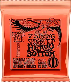 Cordas de guitarra elétrica 7 cordas Ernie Ball Skinny Top Heavy Bottom Slinky Nickel Wound P02615, calibre 10-62